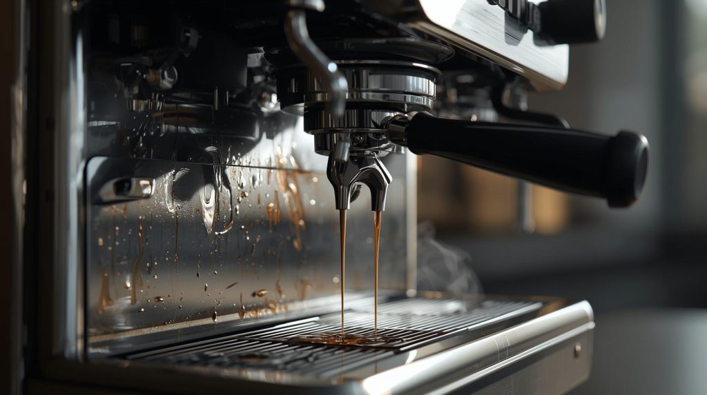 Luxury espresso machine showing visible water stains and leakage around the group head area.