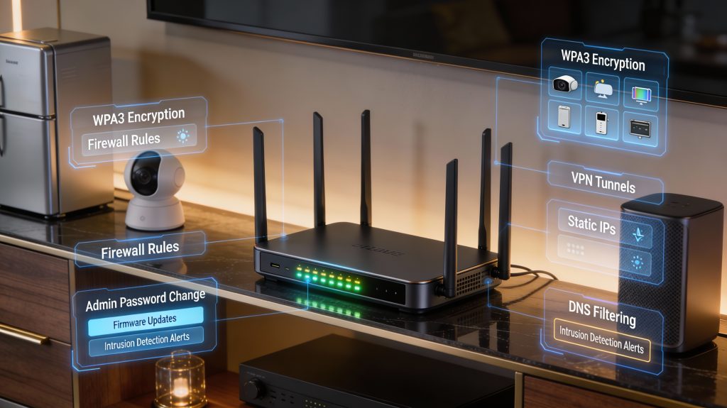 Luxury home network with secure router, segmented IoT devices, WPA3 encryption, firewall rules, VPN, and DNS filtering visualized with holographic overlays