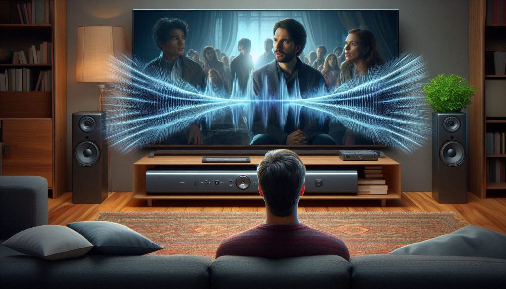 Hyper-realistic scene showing how hearing loss reduces speech clarity during TV dialogue.