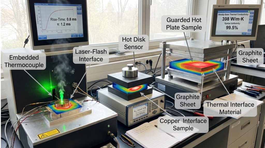 Copper and graphite samples undergoing thermal tests: laser-flash, Hot Disk, and guarded hot plate setups; infrared thermography and embedded sensors visualize heat flow, rise time, and thermal resistance.