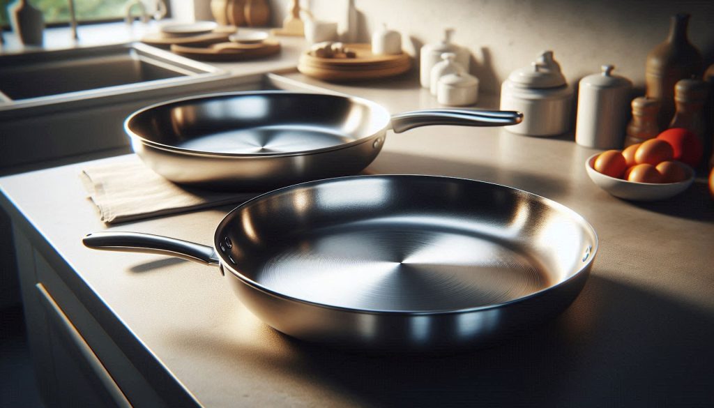 Side-by-side comparison of stainless steel and bonded nonstick pans showing wear patterns and durability features
