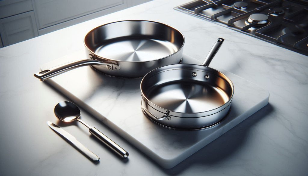 side-by-side luxury stainless steel frying pans highlighting differences in construction and heat performance