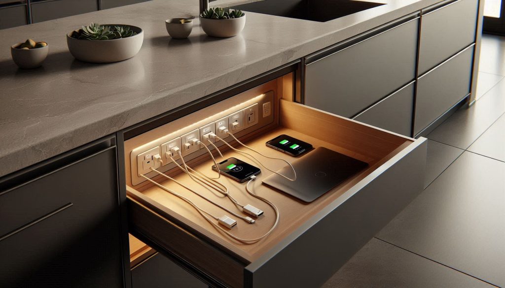 Hidden in-drawer kitchen charging station powering multiple devices neatly and safely.