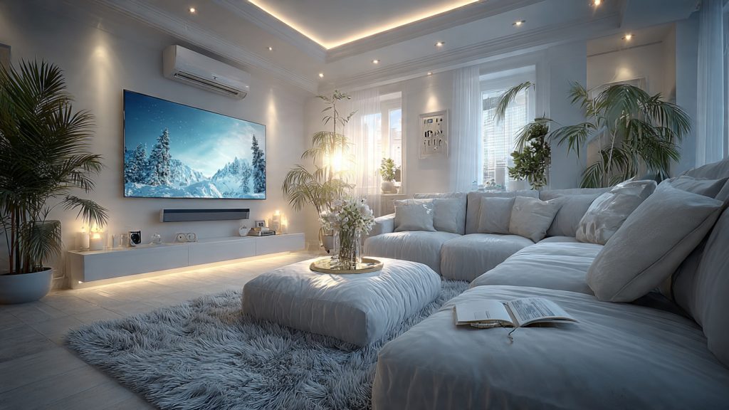 Clean home theater with hidden wires using surface-mounted cable raceways and furniture routing