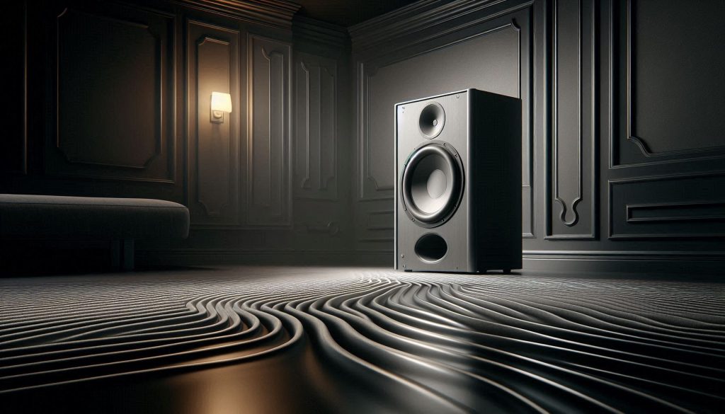 Luxury home theater subwoofer producing tight, controlled bass in a cinematic setting