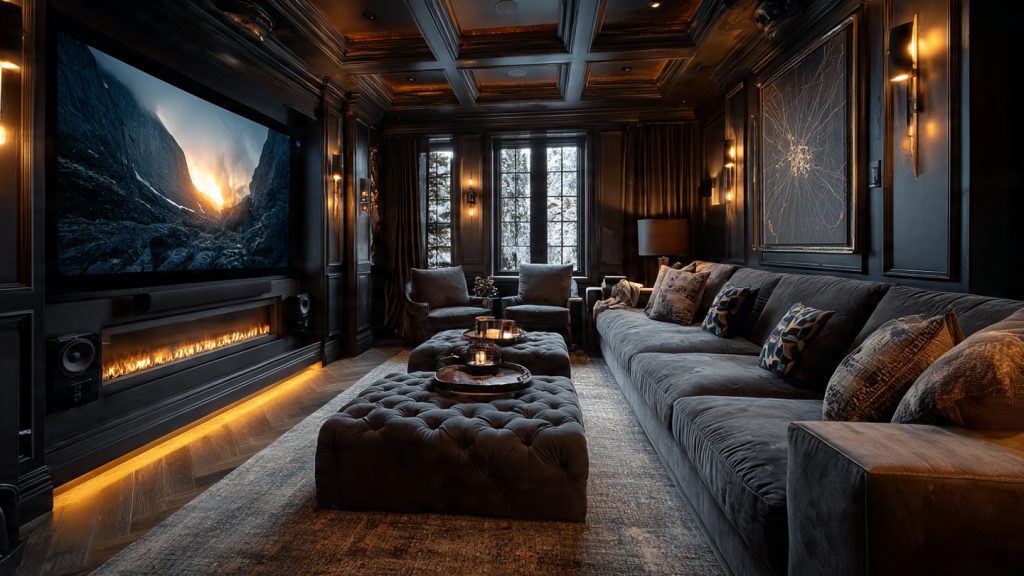 High-output large room luxury home theater system with floor-standing speakers and projection screen