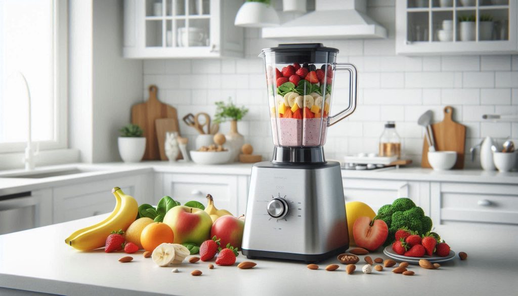 A high-performance blender blending a smoothie on a white kitchen countertop with fresh ingredients nearby.