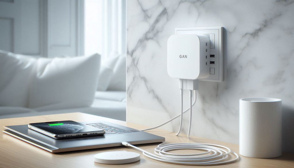 Compact white high-power GaN charger charging a laptop, tablet, and smartphone in a modern luxury interior.