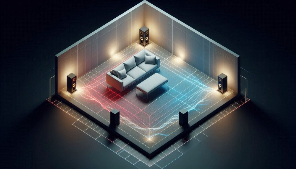 Top-down home theater diagram showing optimal listening position and acoustic nodes