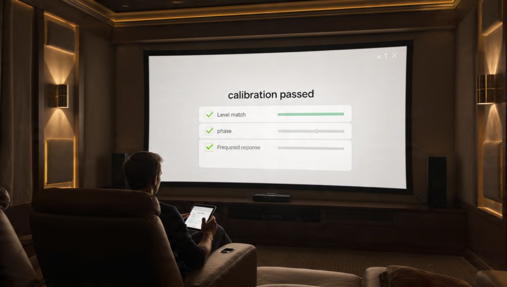Home theater calibration complete with user ready to enjoy a movie after setup