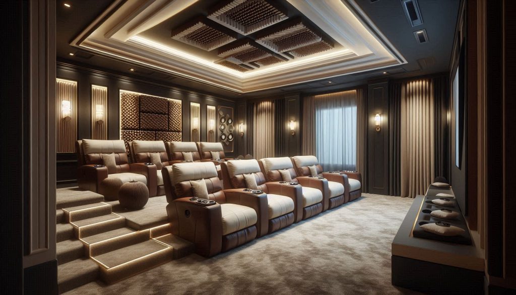 Plush recliners, acoustic panels, bass traps, and ambient lighting in a luxury home theater