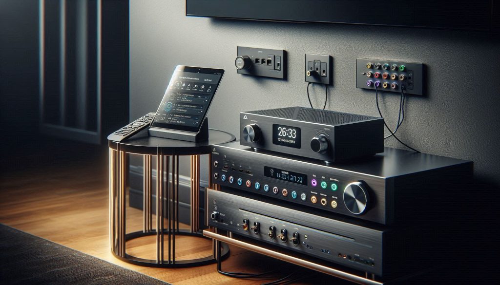 Home theater with smart remote, AV receiver, tablet dashboard, and wireless HDMI for clean control and connectivity