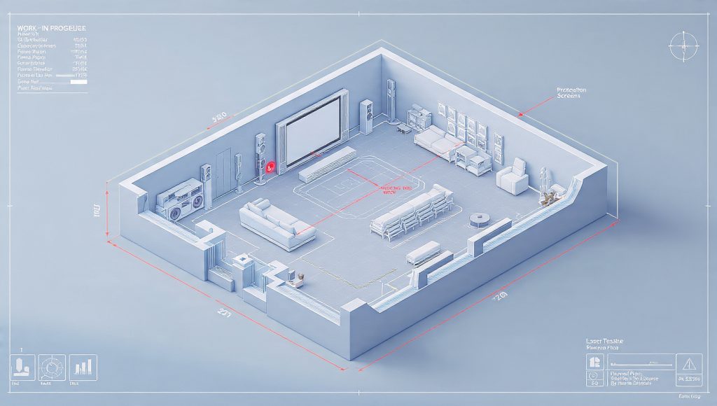 Top-down 3D floor plan blueprint showing home theater layout with speaker and screen placement