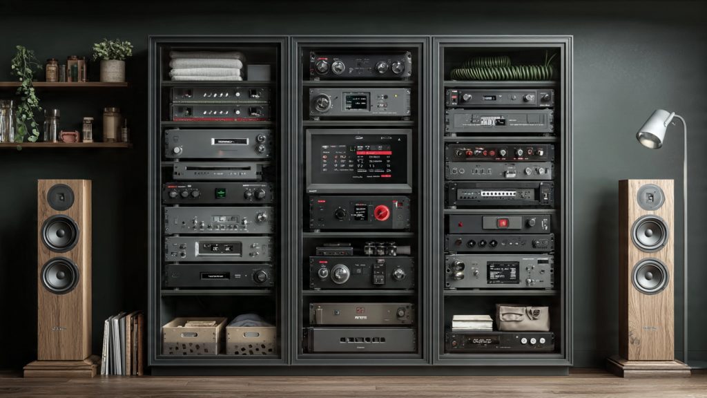 Organized AV rack with cable management, ventilation, and maintenance accessories in a luxury home theater