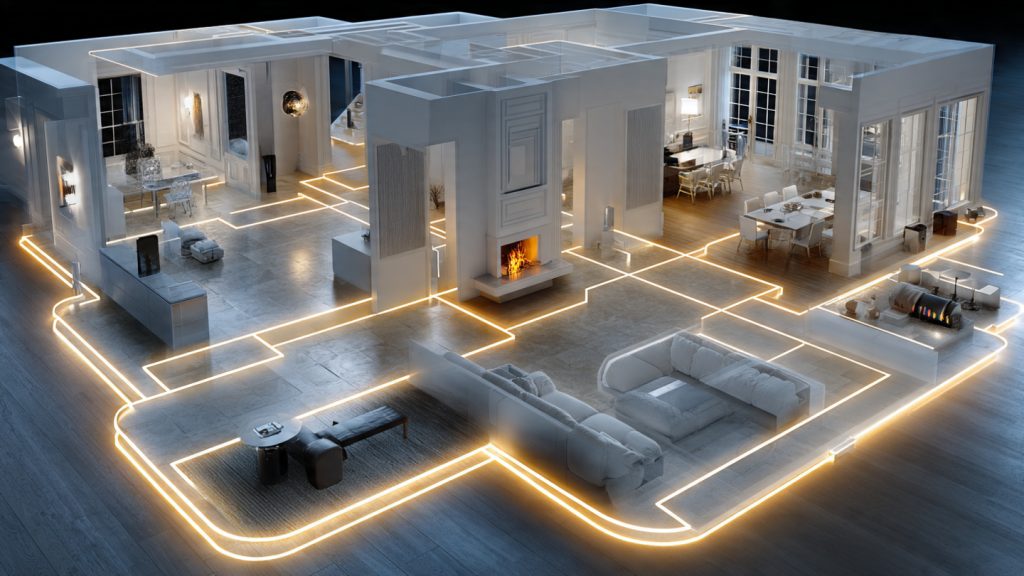 Top-down luxury home theater showing acoustic panels, bass traps, seating placement, and hi-fi speakers in white, black, and wood finishes.