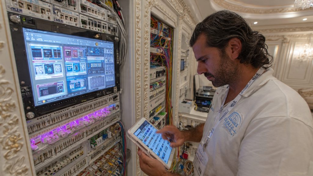 Technician performing technical rehearsal, maintenance, and troubleshooting in a luxury white home theater