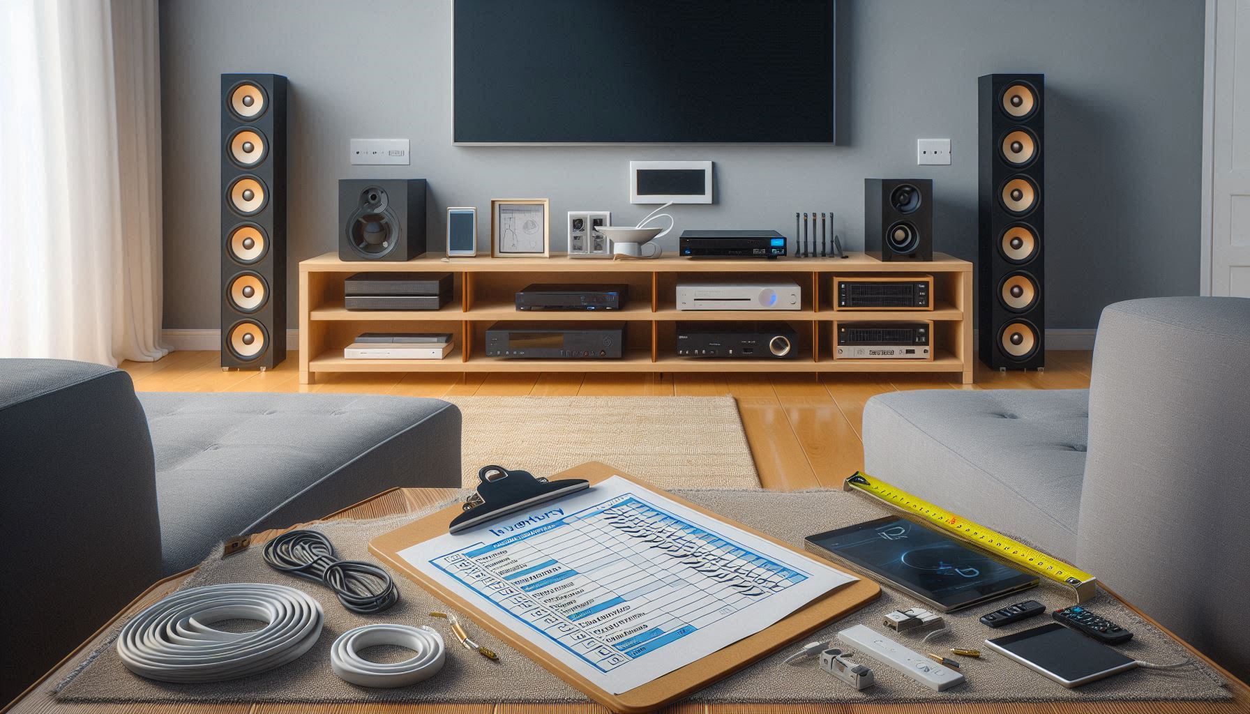 Home theater planning setup showing device inventory, cable types, and measuring cable routes
