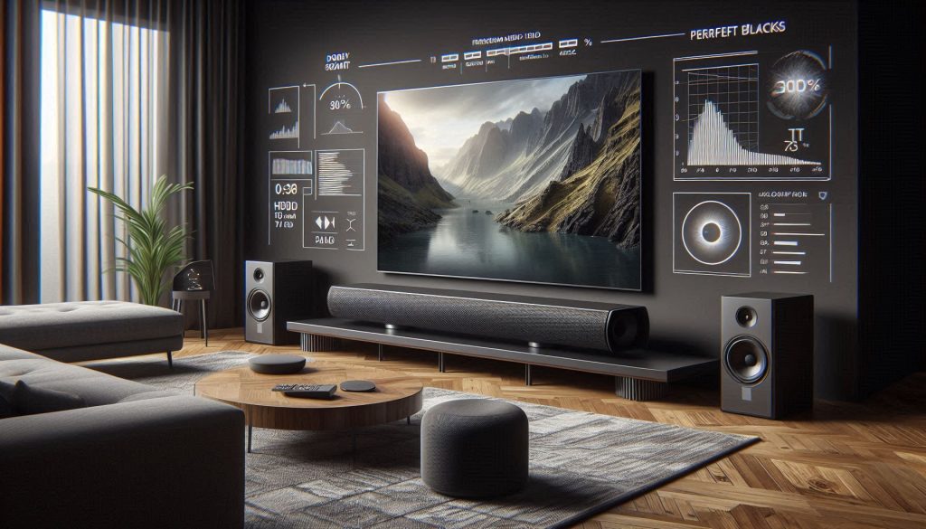 LG OLED TV with a Dolby Atmos soundbar and subwoofer illustrating clearer dialogue, deeper bass, and higher loudness.