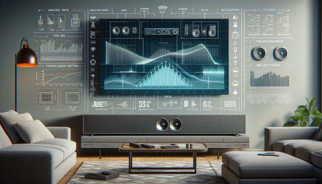 hyper-realistic visual explaining soundbar audio concepts including frequency response, codecs, dsp, and hdmi earc