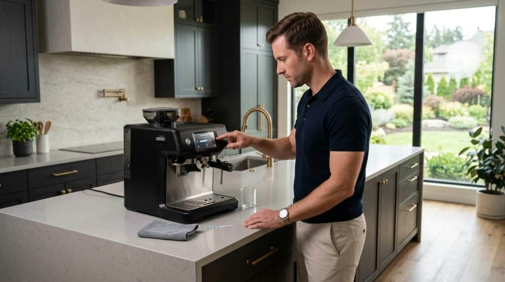 White male homeowner inspecting a smart coffee machine before descaling.