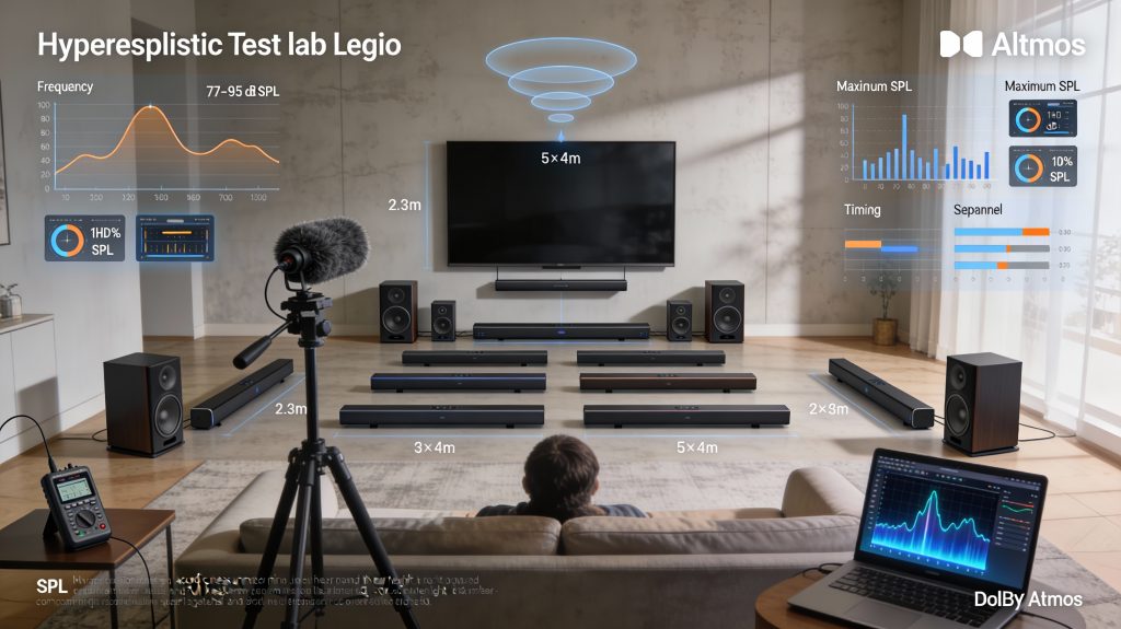 hyper-realistic living room audio testing setup showing soundbar comparison methodology with measurement microphone, spl meter, frequency response graphs, and dolby atmos visualization