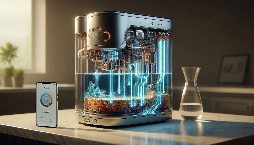 Smart coffee maker with visible internal water flow and sensors detecting scale, illustrating how descale notifications work.