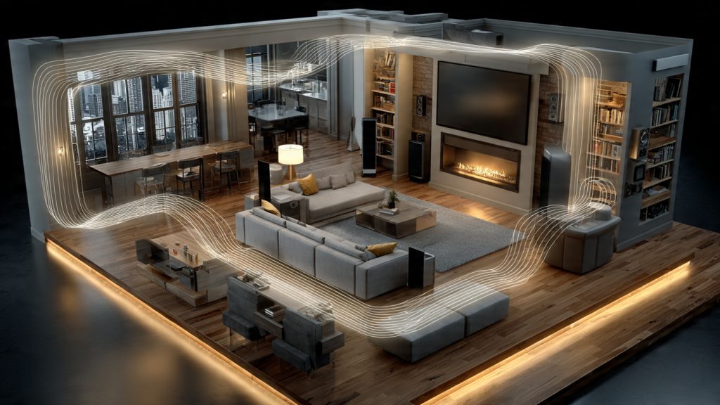 Luxury home theater showing stereo, surround sound, and Dolby Atmos speaker layouts with premium hi-fi speakers in white, black, and wood finishes.