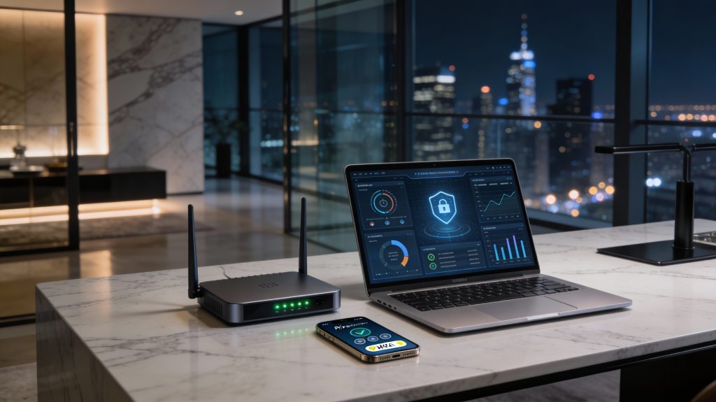 Luxury smart home cybersecurity setup showing incident response and privacy protection tools in a high-end modern interior.