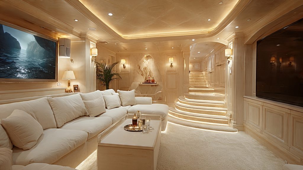 Accessible luxury home theater with wide aisles, ramp access, and ergonomic seating