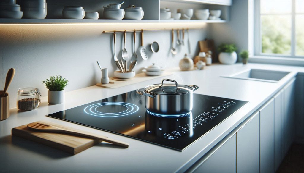 A sleek induction cooktop on a white countertop with a pot boiling, highlighting energy efficiency.