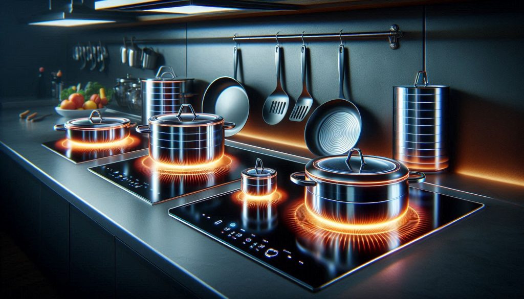 Two sets of induction cookware showing full-base vs. disc-base design, with visual cues for heat distribution and induction performance.
