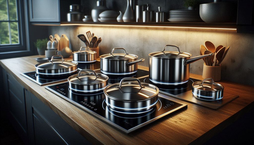 Two sets of induction-compatible stainless steel cookware on a kitchen countertop, one polished and one brushed, with subtle cues for heat distribution and cooking performance.