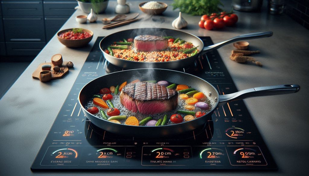 Two 28 cm induction frypans cooking a steak, simmering sauce, rice, and caramelizing vegetables, showing handling, heat control, and real-world stovetop performance.