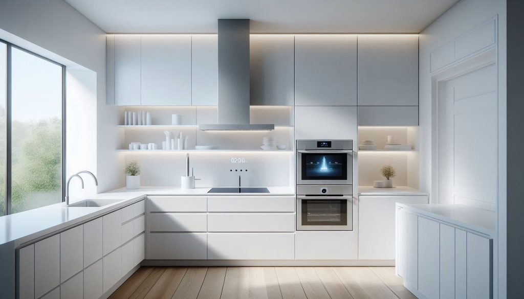 Integrated intelligent kitchen fixtures replacing multiple standalone appliances in a white kitchen.