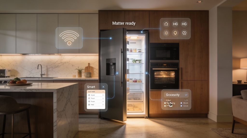 Luxury smart kitchen showing a matter-ready fridge seamlessly interacting with lights, climate, and appliances.