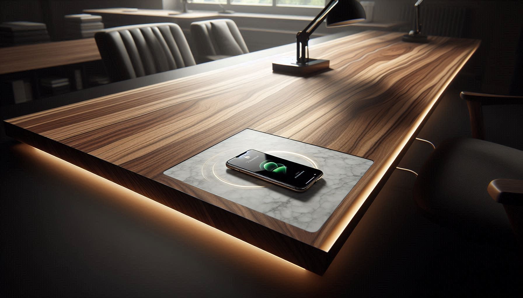 Invisible wireless charging integrated into a luxury walnut desk with a phone charging wirelessly.