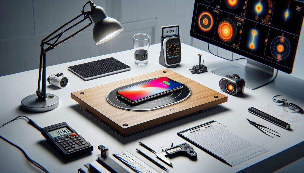 Benchmark testing of an invisible wireless charger measuring power, heat, and alignment accuracy.