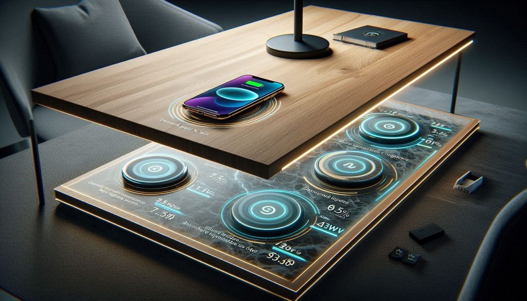 Performance benchmarking of invisible wireless chargers under wood, glass, and stone desks.