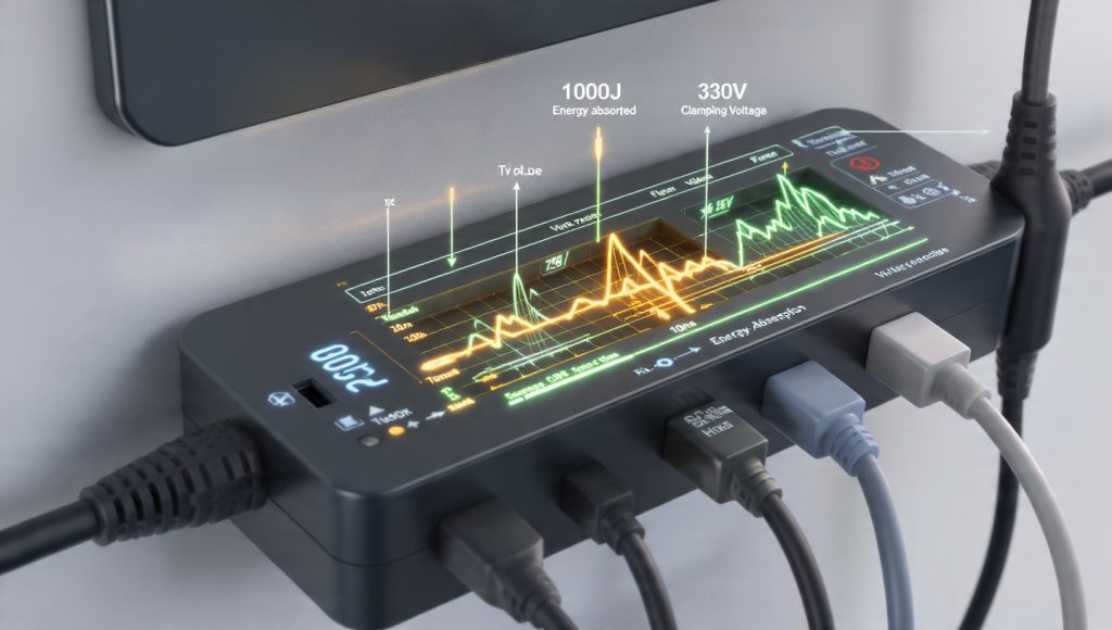 Surge protector showing joules, clamping voltage, and response time with connected electronics