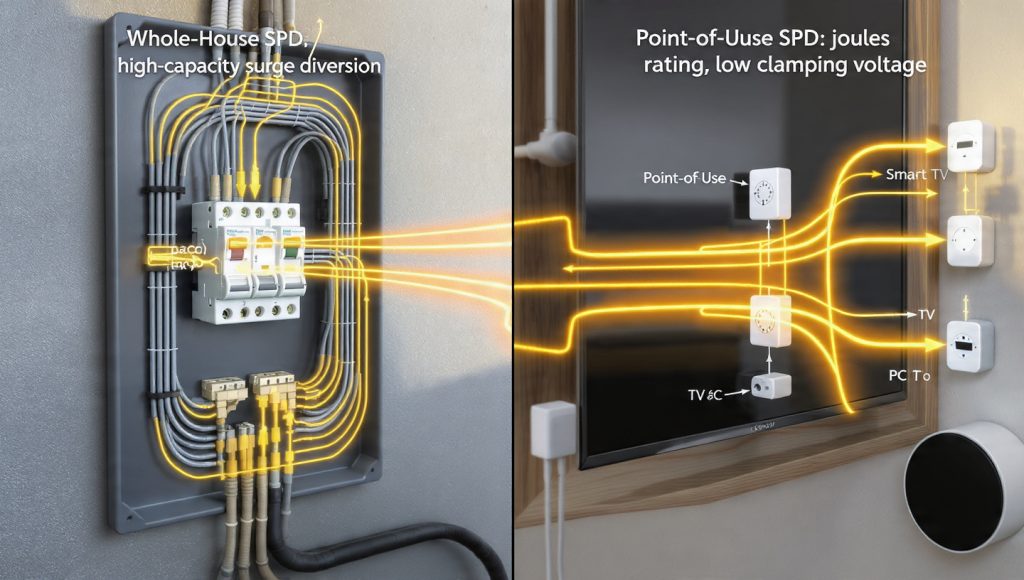 Layered surge protection with whole-house SPD and point-of-use protectors, highlighting joules and clamping voltage
