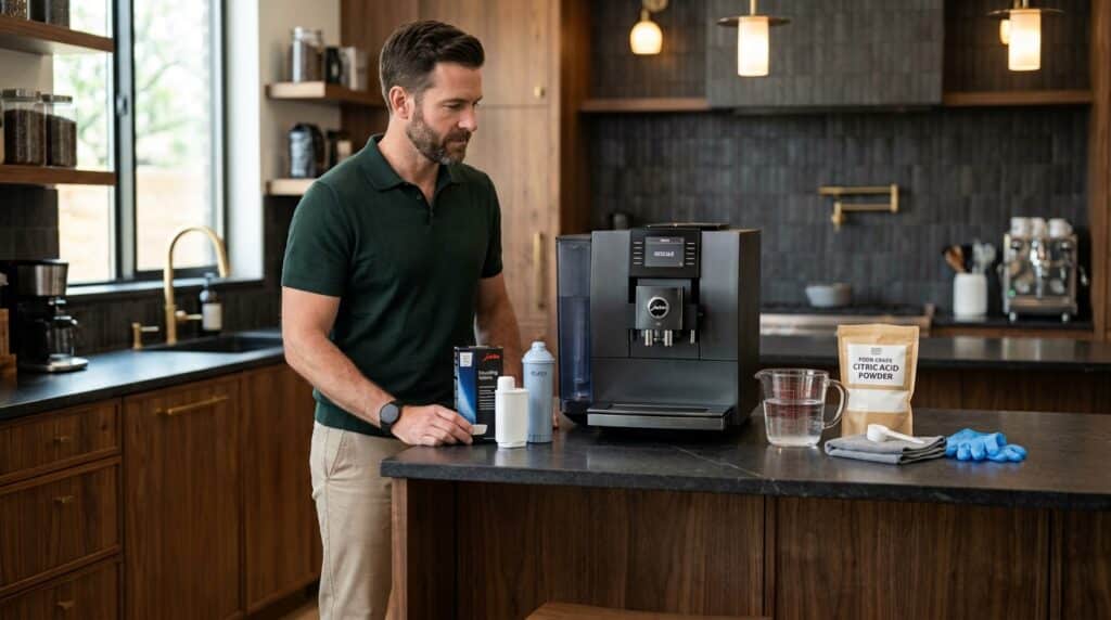Homeowner comparing Jura 3-Phase descaling with DIY coffee machine cleaning methods.