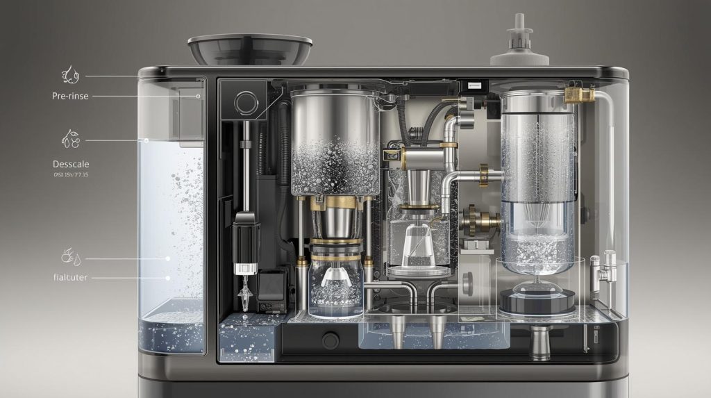 White Jura coffee machine shown in a cutaway view during an internal descaling and cleaning process.