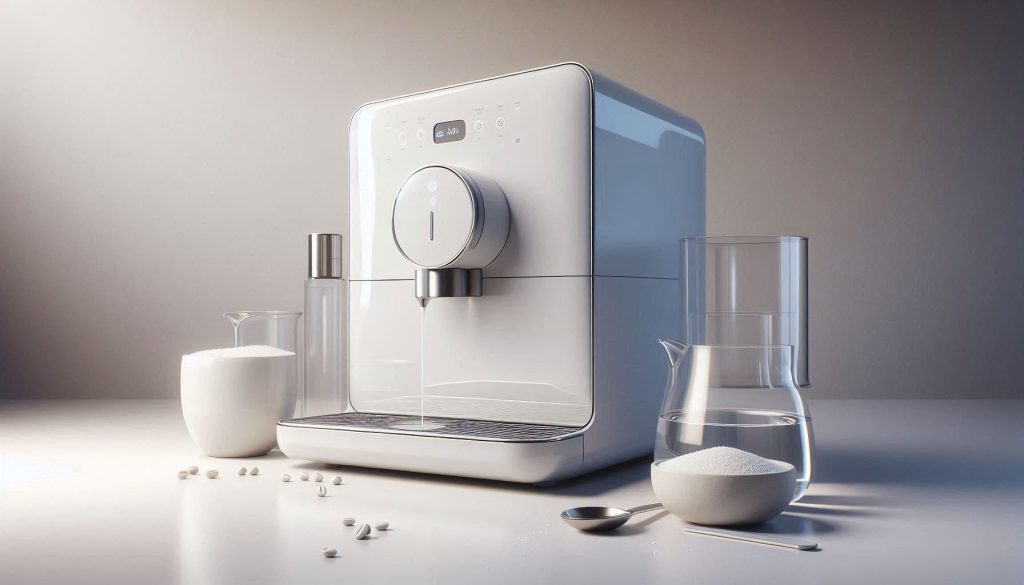 White automatic coffee machine in a minimalist studio setting with neutral objects and soft lighting.