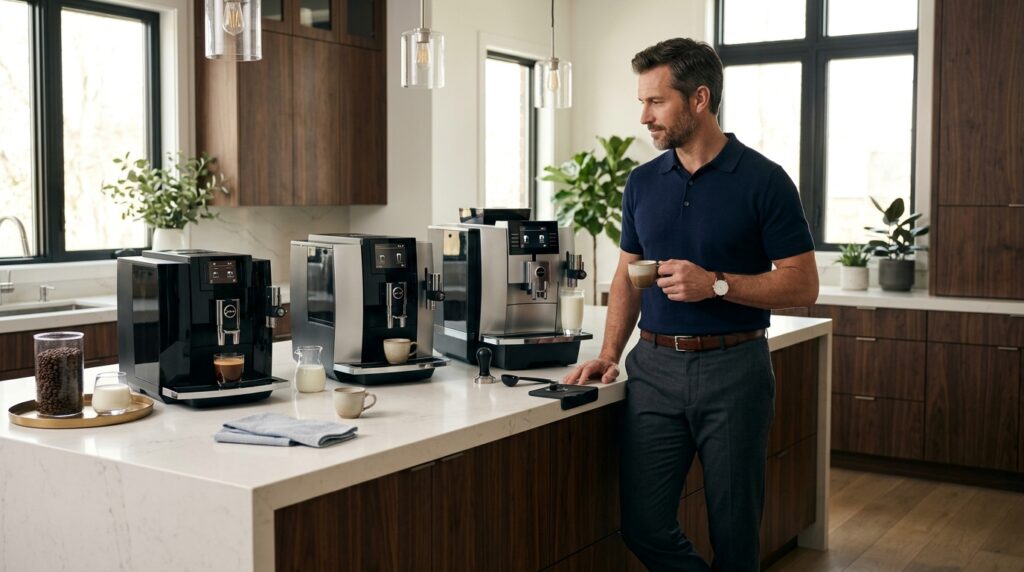 Man comparing three premium automatic espresso machines in a luxury kitchen.
