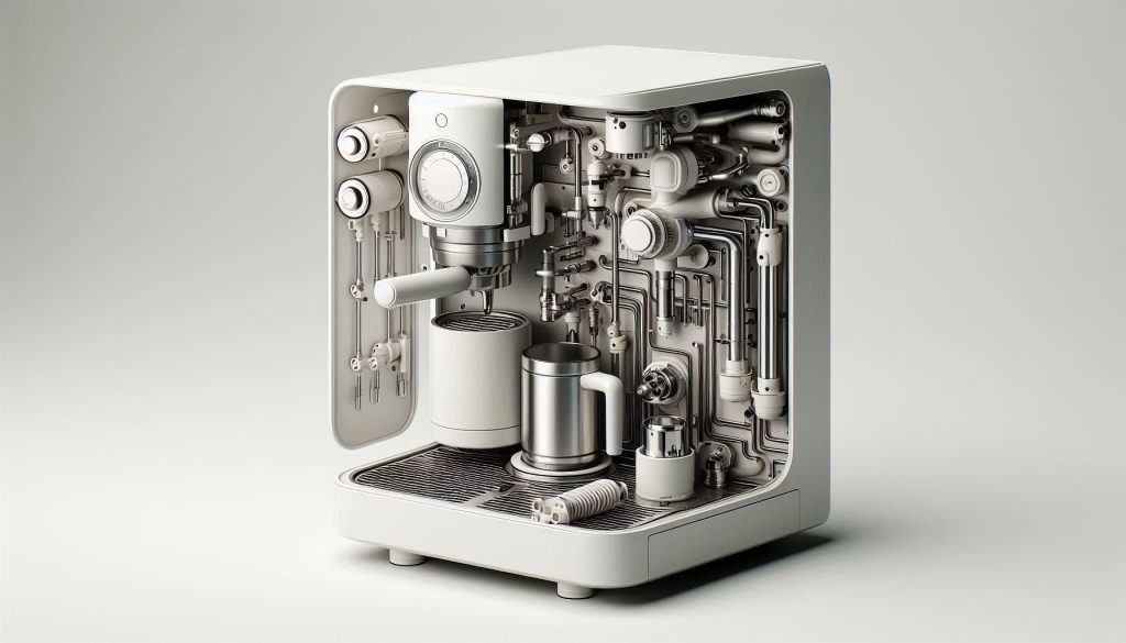 White automatic coffee machine with exposed internal components illustrating material compatibility and maintenance risks.