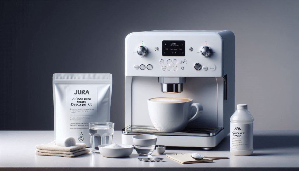 White Jura coffee machine on a minimalist countertop, with Jura 3-Phase Descaler kit on one side and DIY citric acid cleaning supplies on the other, showing safe maintenance options.