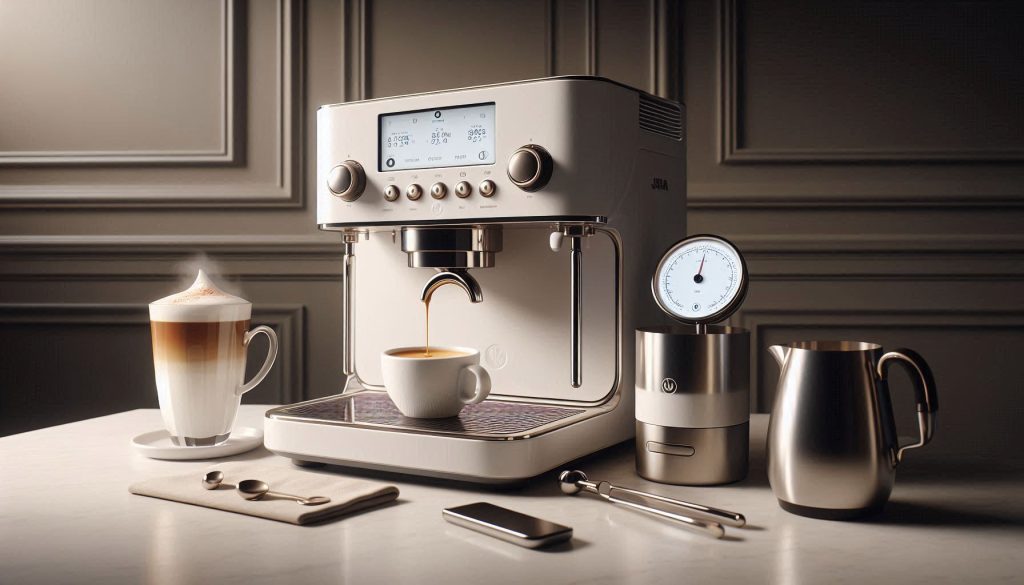 High-end white Jura espresso machine brewing coffee with milk foam and testing tools on a luxury kitchen counter.