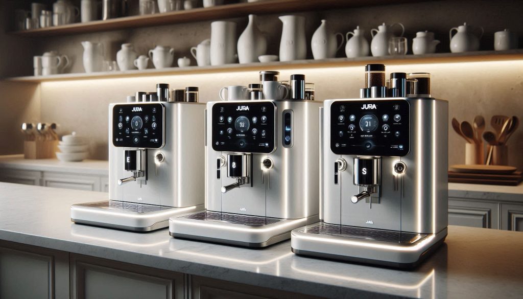 White Jura E8, S8, and Z10 espresso machines displayed on a luxury kitchen counter, highlighting differences in features and design.