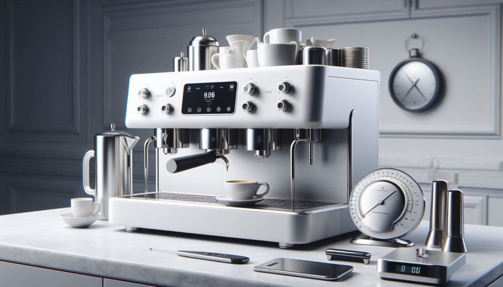 White premium Jura espresso machine displayed with coffee testing tools in a minimalist luxury kitchen setting.