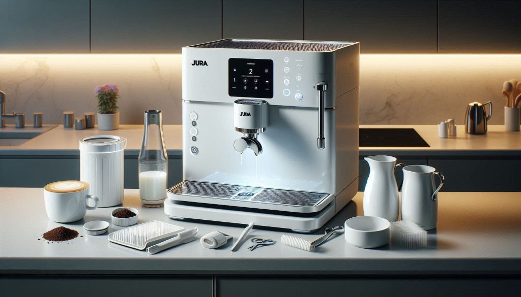 White Jura espresso machine shown in a luxury kitchen with cleaning accessories, illustrating daily use and maintenance.